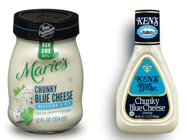 Product photos of Marie's Chunky Blue Cheese and Ken's Steakhouse Chunky Blue Cheese salad dressings (keto friendly)