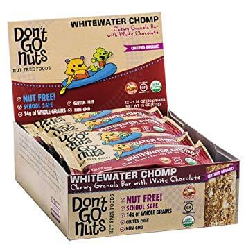 A box of Don't Go Nuts brand energy bars in the Whitewater Chomp flavor, a healthy nut free snack.