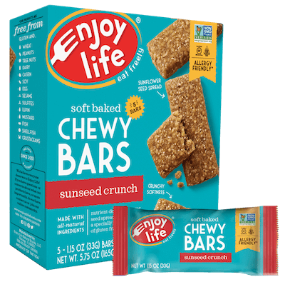 A box of Enjoy Life brand Chewy Bars in sunseed crunch flavor.
