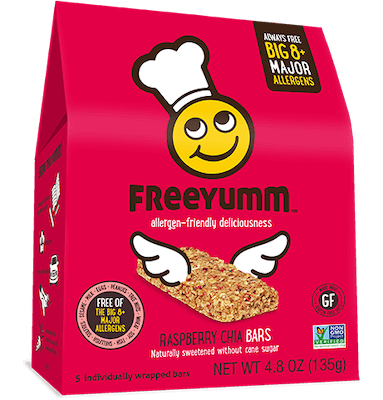 A bag of FreeYumm brand raspberry chia bars.