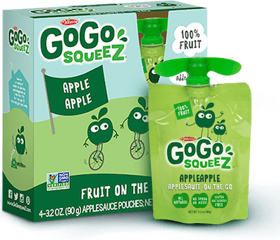 A box and a pouch of GoGo Squeez brand applesauce, a healthy, nut free snack.