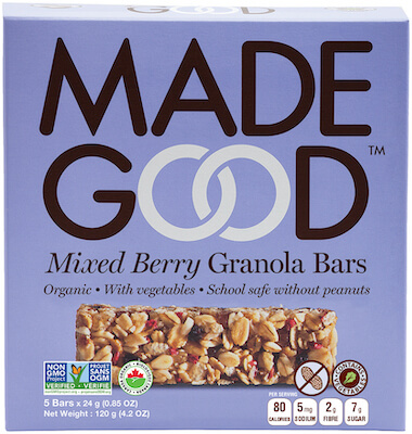 A box of Made Good nut free granola bars, mixed berry flavor.