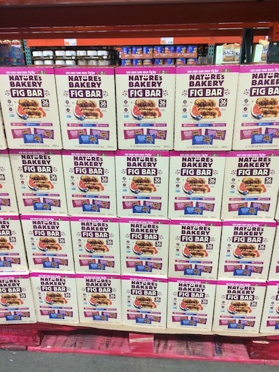 Stacks of Nature's Bakery Fig Bars on a pallet at Costco.