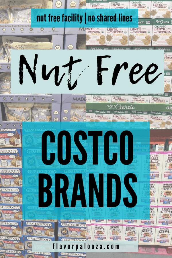 Collage of nut free Costco brands with text overlay: nut free facility and no shared lines.
