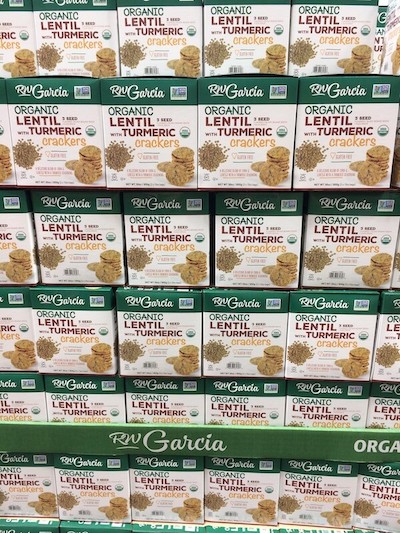 Boxes of RW Garcia Organic Lentil Turmeric Crackers at Costco