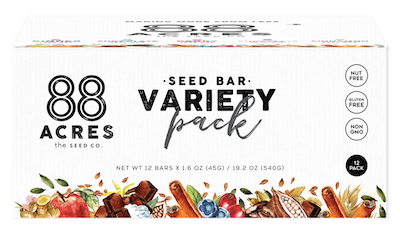 A variety pack of 88 Acres nut free protein bars.