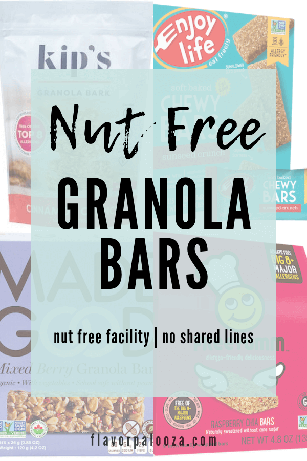 Collage of nut free granola bars with text overlay: nut free facility, no shared lines.