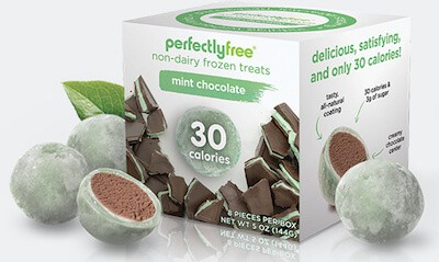A box of Perfectly Free frozen bites, mint chocolate flavor.
