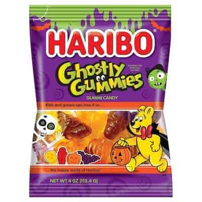 A bag of Haribo brand nut free Halloween gummies.