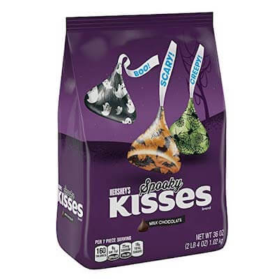 A bag of Halloween-themed Hershey's Kisses