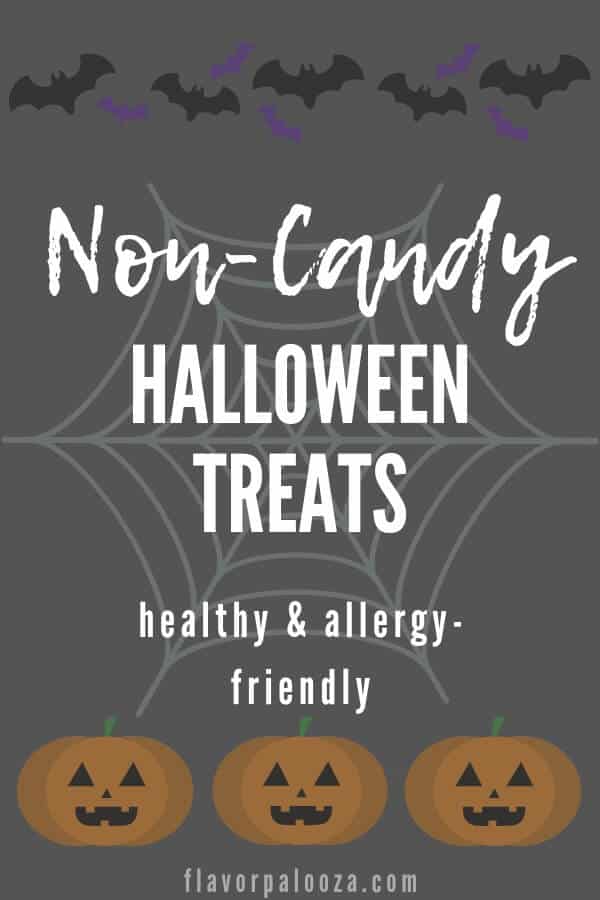 Halloween-themed graphic with text overlay: Non-Candy Halloween Treats