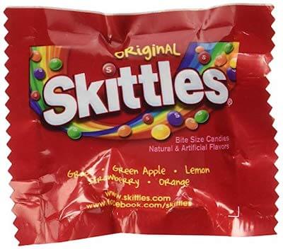 A fun-sized bag of original Skittles.