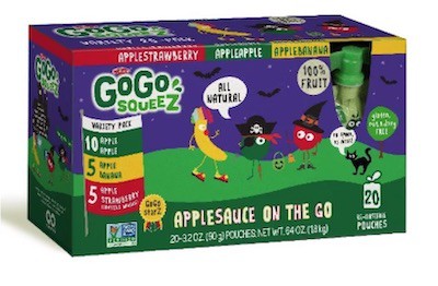 A box of Halloween-themed GoGo squeeZ applesauce pouches.