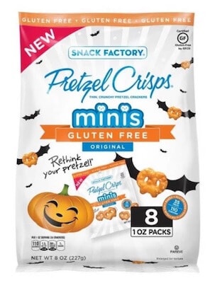 A package of mini bags of Snack Factory Halloween pretzel crisps.