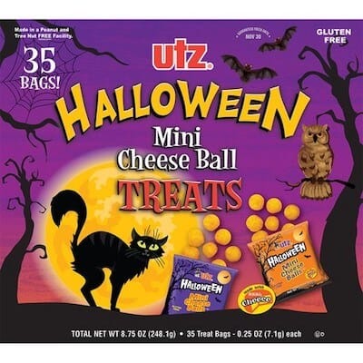 A package of Utz Halloween mini cheese ball snack packs.