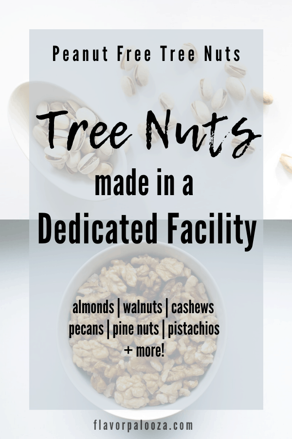 Pistachios and walnuts in bowls with text overlay: Tree nuts made in a dedicated facility.