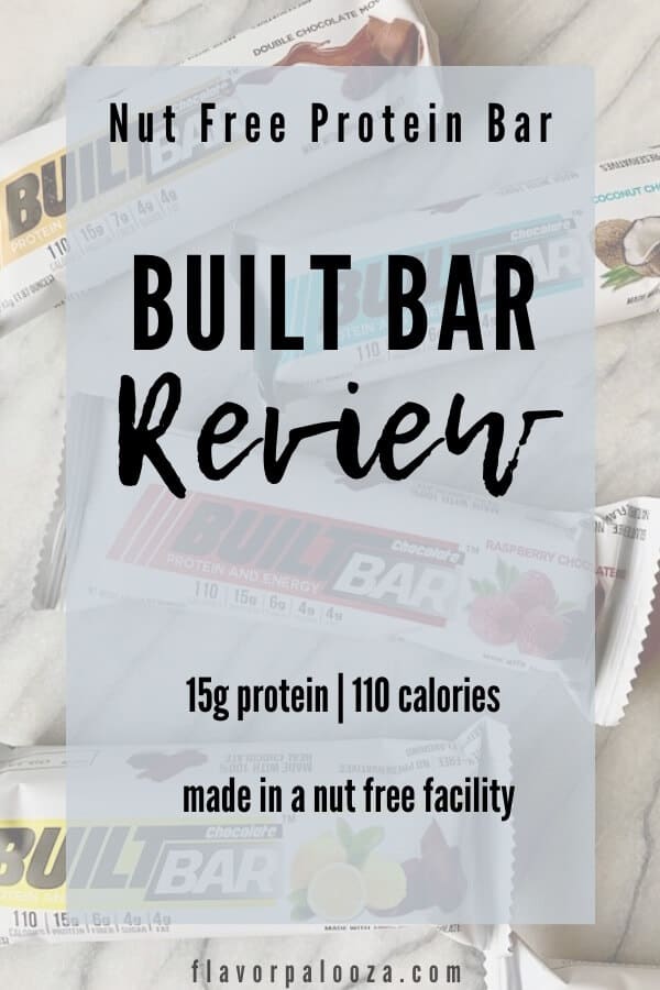 Several Built Bar protein bars on a counter top, with text overlay: Built Bar Review