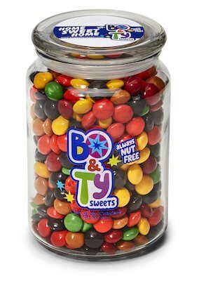 Jar of Bo and Ty Sweets chocolate disc candy.