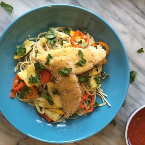 Breaded Chicken Fingers Pasta Bowl Recipe