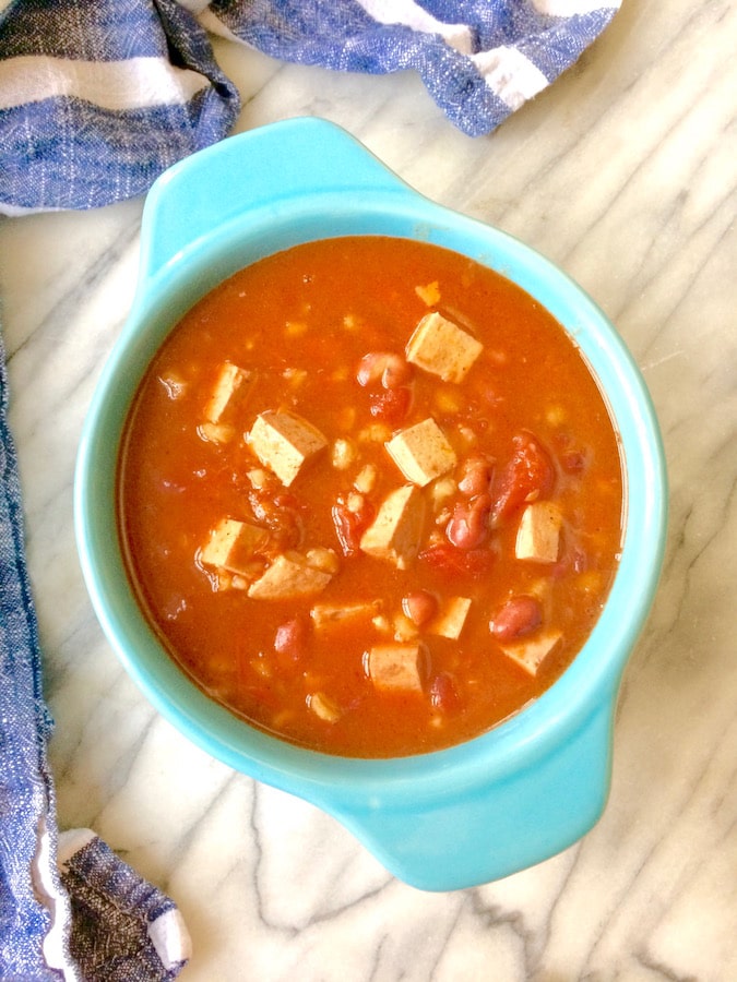 A bowl full of hearty Instant Pot vegan chili that even meat eaters will like!