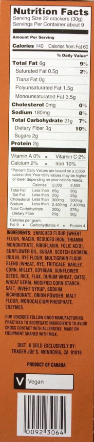 Trader Joe's 12 Grain Mini Snack Crackers Nutrition Label