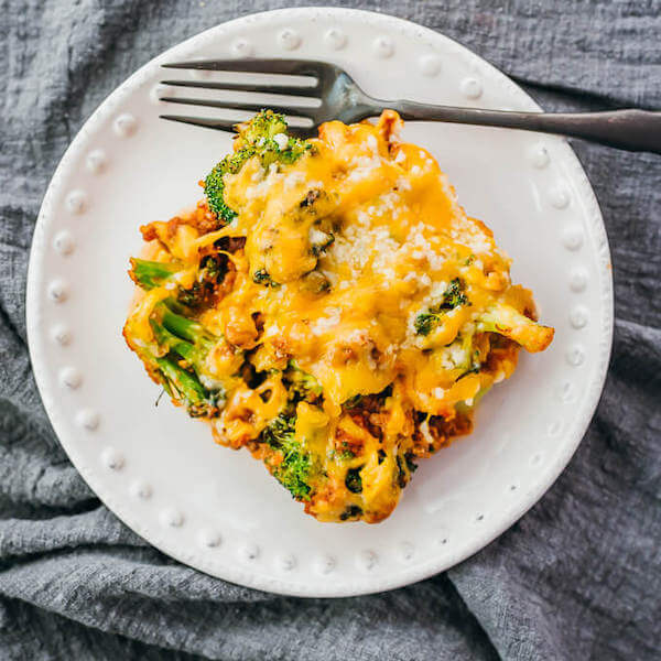 Like a cross between a cheeseburger and a lasagna, this comforting keto casserole has ground beef, broccoli, tomato sauce, and cheddar cheese. It’s great for anyone looking for a comforting and easy-to-make low carb dinner.