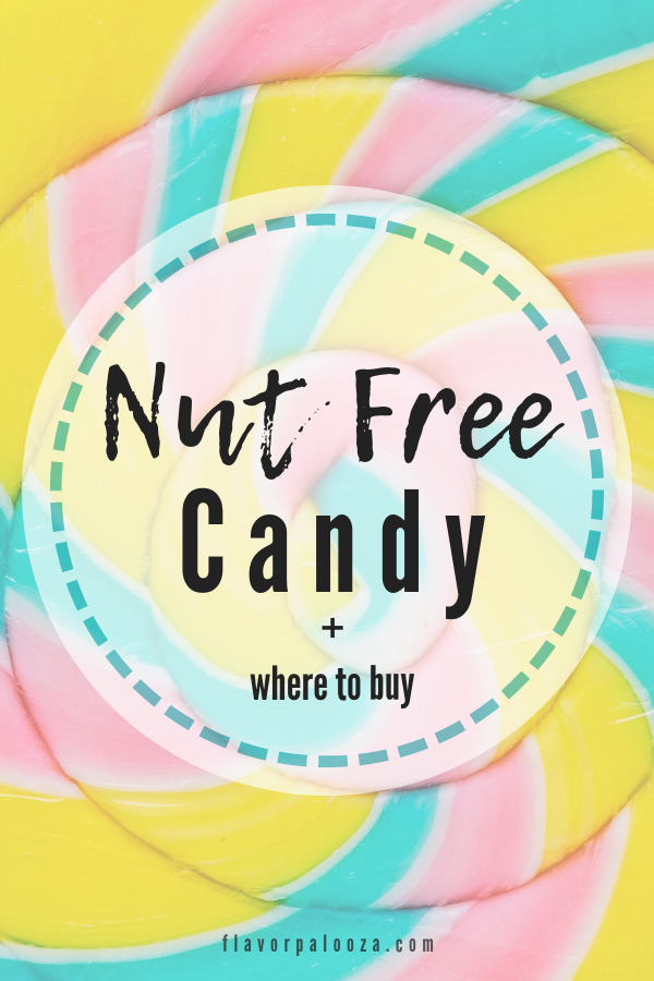 A close-up of a brightly colored lollipop with text overlay: Nut Free Candy + Where to Buy