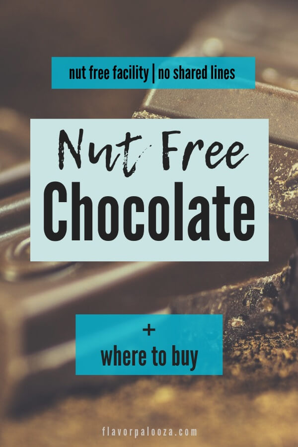 A close-up of a chocolate bar with text overlay: Nut Free Chocolate + Where to Buy