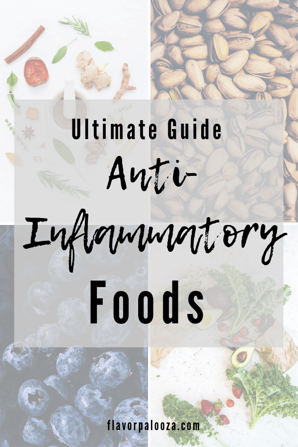 A collage of four photos depicting four different food groups with text overlay that says Complete Guide to Anti-Inflammatory Foods.