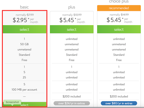 A selection of Bluehost hosting packages, including Basic, Plus and Choice Plus. 