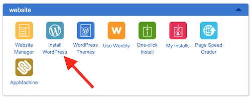 Inside the Bluehost dashboard, with an arrow pointing to the Install WordPress icon.