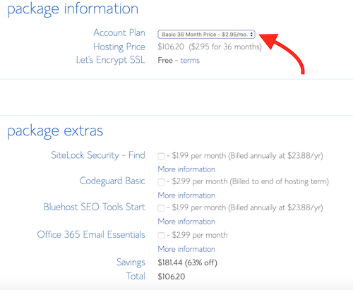 Bluehost package purchase screen, with 36-month package selected to lock in the $2.95 per month price.