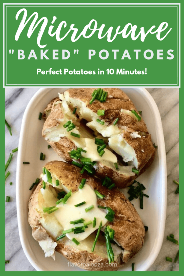 These yummy-looking baked potatoes were actually cooked in the microwave! This recipe makes perfect "baked" potatoes in 10 minutes.