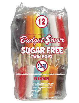 A big bag of Budget Saver Sugar Free Twin Pops, assorted flavors.