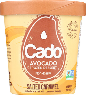 A pint of Cado Avocado Frozen Dessert, salted caramel swirl flavor.