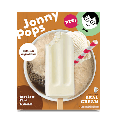 A box of JonnyPops popsicles, Root Beer Float and Cream flavor.