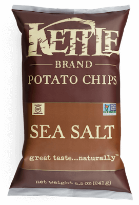 A bag of Kettle Brand chips, original sea salt flavor.