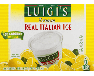 A box of Luigi's Real Italian Ice cups, lemon flavored.