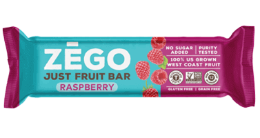 A single Zego brand just fruit bar, raspberry flavor.