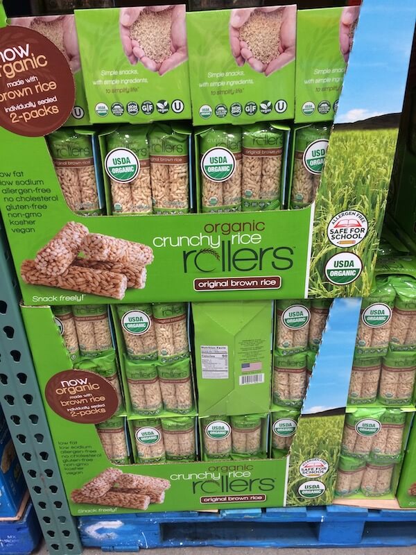 Costco shelf filled with Bamboo Lane Organic Crunchy Rice Rollers, a nut free Costco snack.