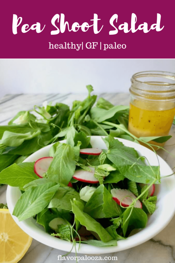 A bowl of pea shoot salad with radish and mint, with text overlay saying vegan, GF and paleo.