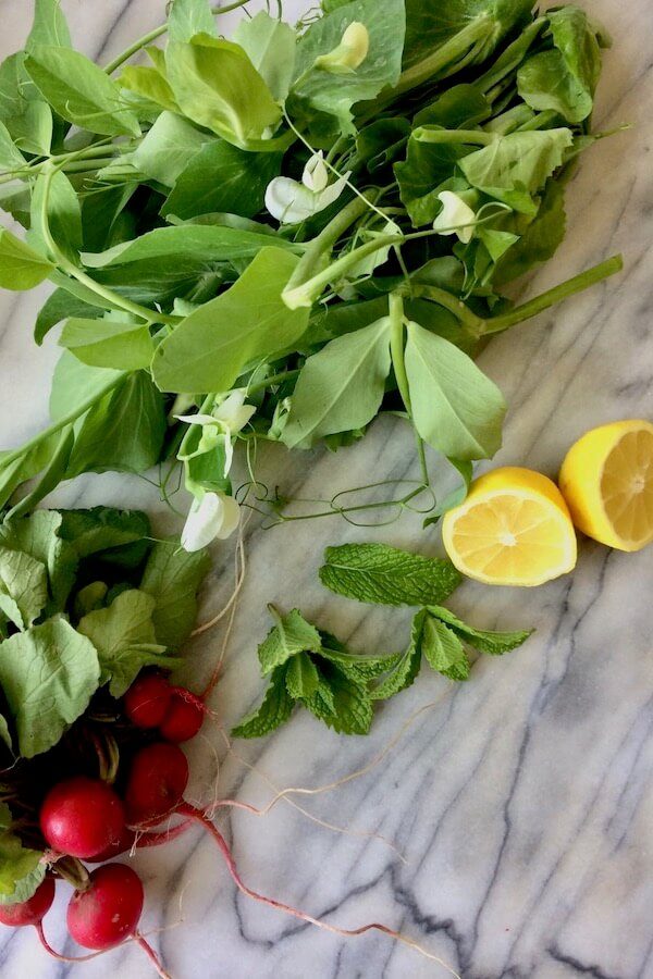 A bunch of pea shoots, a bunch of radishes, some mint leaves, and a sliced lemon.