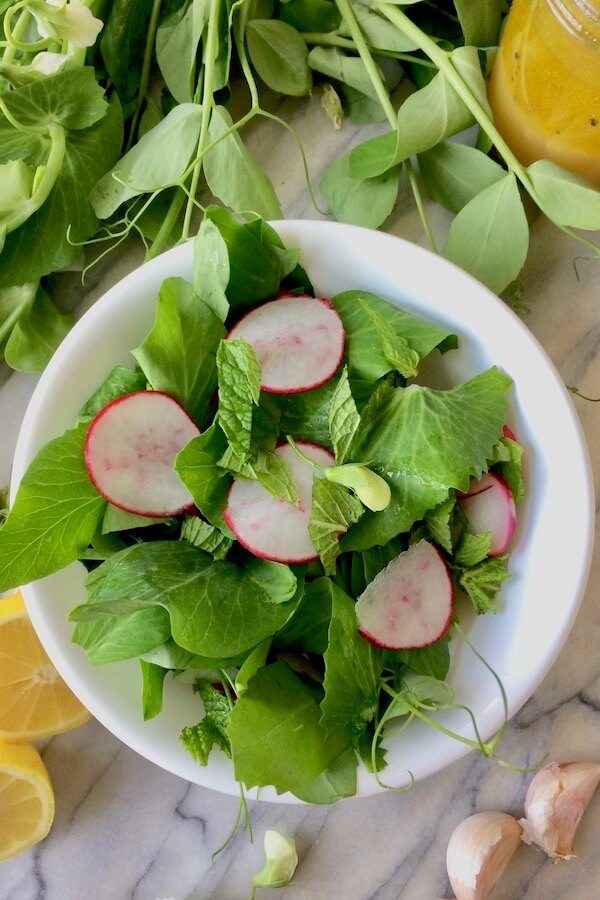 A bowl of pea shoot salad, with mint and radishes.
