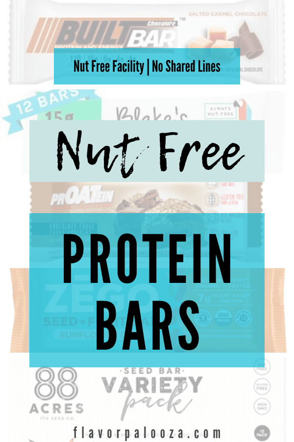 A collage of nut free protein bars with text overlay: nut free facility, no shared lines.