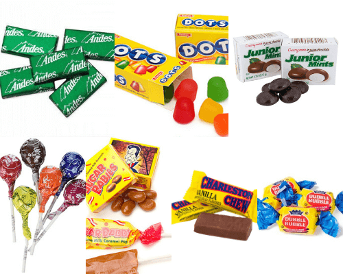Collage of Tootsie candy: Andes Mints, DOTS, Junior Mints, Tootsie Pops, Sugar Babies, Sugar Daddies, Charleston Chews and Dubble Bubble.